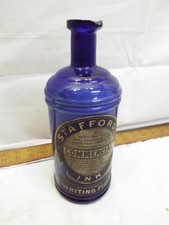 Early Stafford's Cobalt Blue Quart Ink Bottle Paper Label Spout Writing Fluid