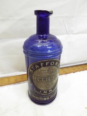 Early Stafford's Cobalt Blue Quart Ink Bottle Paper Label Spout Writing Fluid