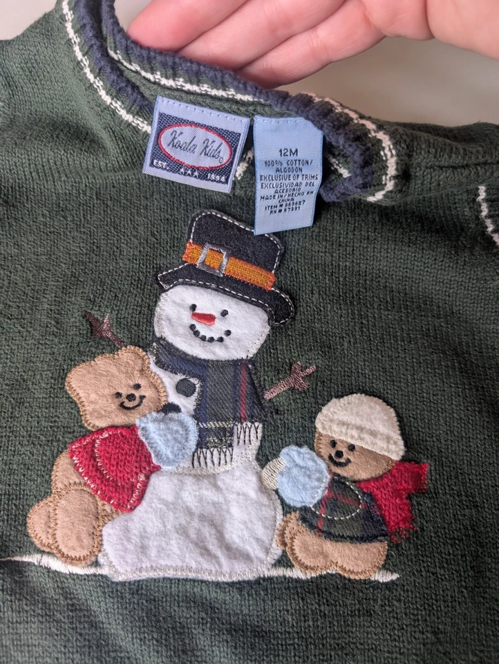 Винтажный Рождественский свитер жилет ребенка 12 М аппликация морозный снеговик 90-х коала зеленый - Изображение 3 из 4