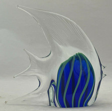 Murano Style Blue With Aqua Stripes Art Glass Angel Fish Paperweight Figurine