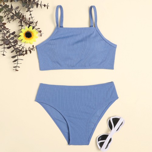 Girls Bikini Swimsuit Adjustable Strap Top with Briefs Solid Color 2Pcs Swimwear - Picture 18 of 31