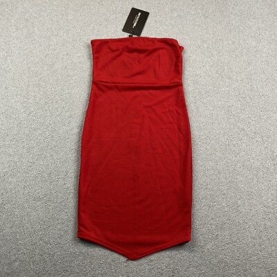 NEW Pretty Little Thing Dress Womens US 0 Red Bandeau Pointy Hem Bodycon Red Hot