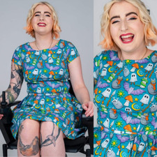 RUN AND FLY Dress Cauldron Cats Print 8-26 Stretch Cotton Tea Dress with Pockets