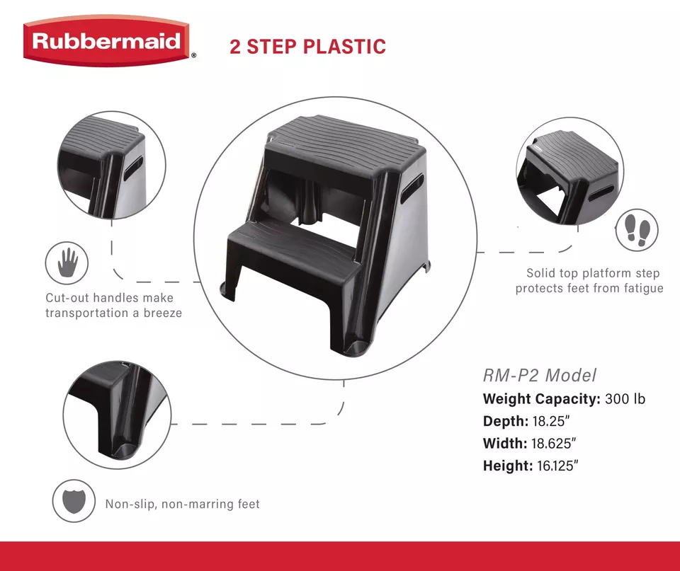 Taburete Rubbermaid de 2 pasos negro ligero agarre antideslizante compacto portátil 300 lb Foto 2 de 4
