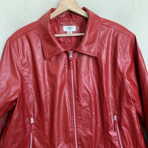 CATO Woman Moto Jacket Red Faux Leather Collared Zip Pockets Lined Size 18/20W - Picture 4 of 11