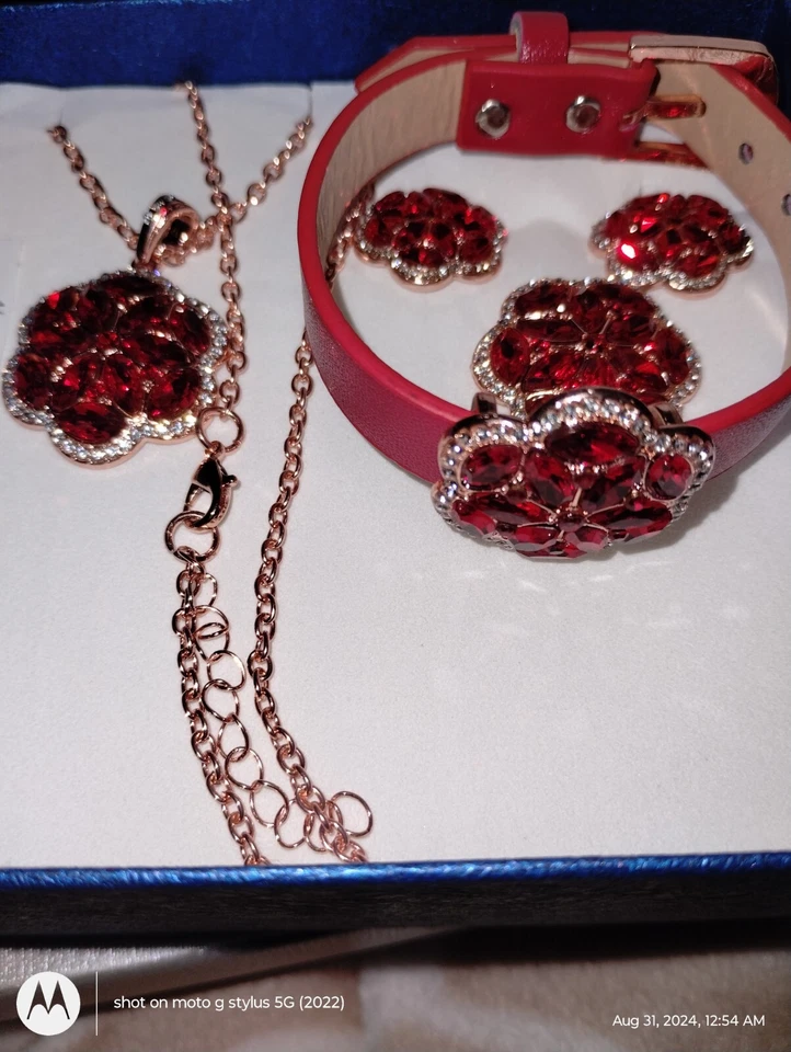 🔥红色水晶,白色蓝宝石珠宝套装戒指 尺寸 6,项链,耳环和手链   — 第 3/4 张图片