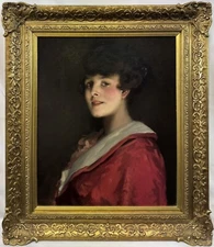 Exceptional c. 1910 Robert Sauber Portrait of a Woman in Red Oil Ex-Bonhams