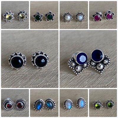 Natur Edelstein Ohrstecker Sterling Silber 925 Granat Onyx Peridot Mondstein