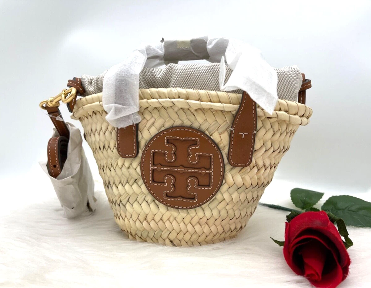AUTH NWT $358 Tory Burch Ella Mini Straw Drawstring Top Handlles