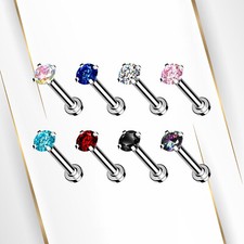 18G Flat Back Labret Nose Studs Rings Surgical Steel Prong Set Top CZ Gems Jewel