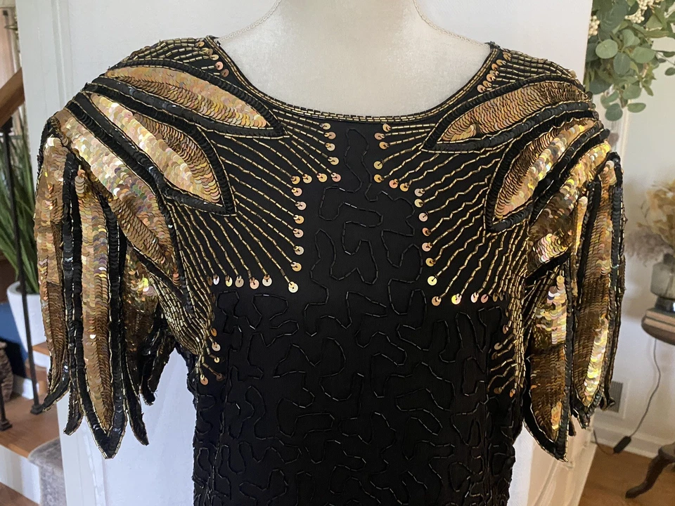 Винтажный 80-х Stenay блестки бисером Gatsby трофей Flapper выпускное платье черное золото размер 14 - Изображение 2 из 4