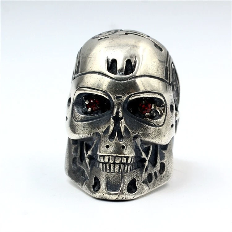 Anillo grande de plata esterlina 925 hecho a mano Terminator Robot T800 calavera ojos de rubí Foto 3 de 4