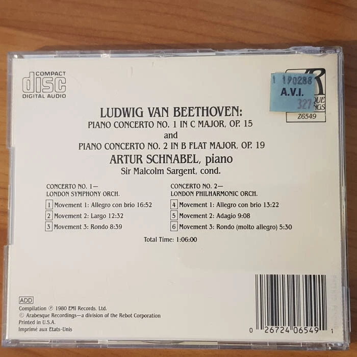 ARTUR SCHNABEL Plays Beethoven Piano 1&2 EX/VG+(CD) - Bild 4 von 4