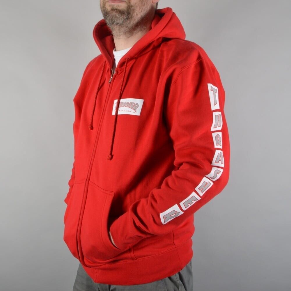 Thrasher Magazine BOXED LOGO ZIP UP Skateboard Hoodie RED *OOP* | eBay