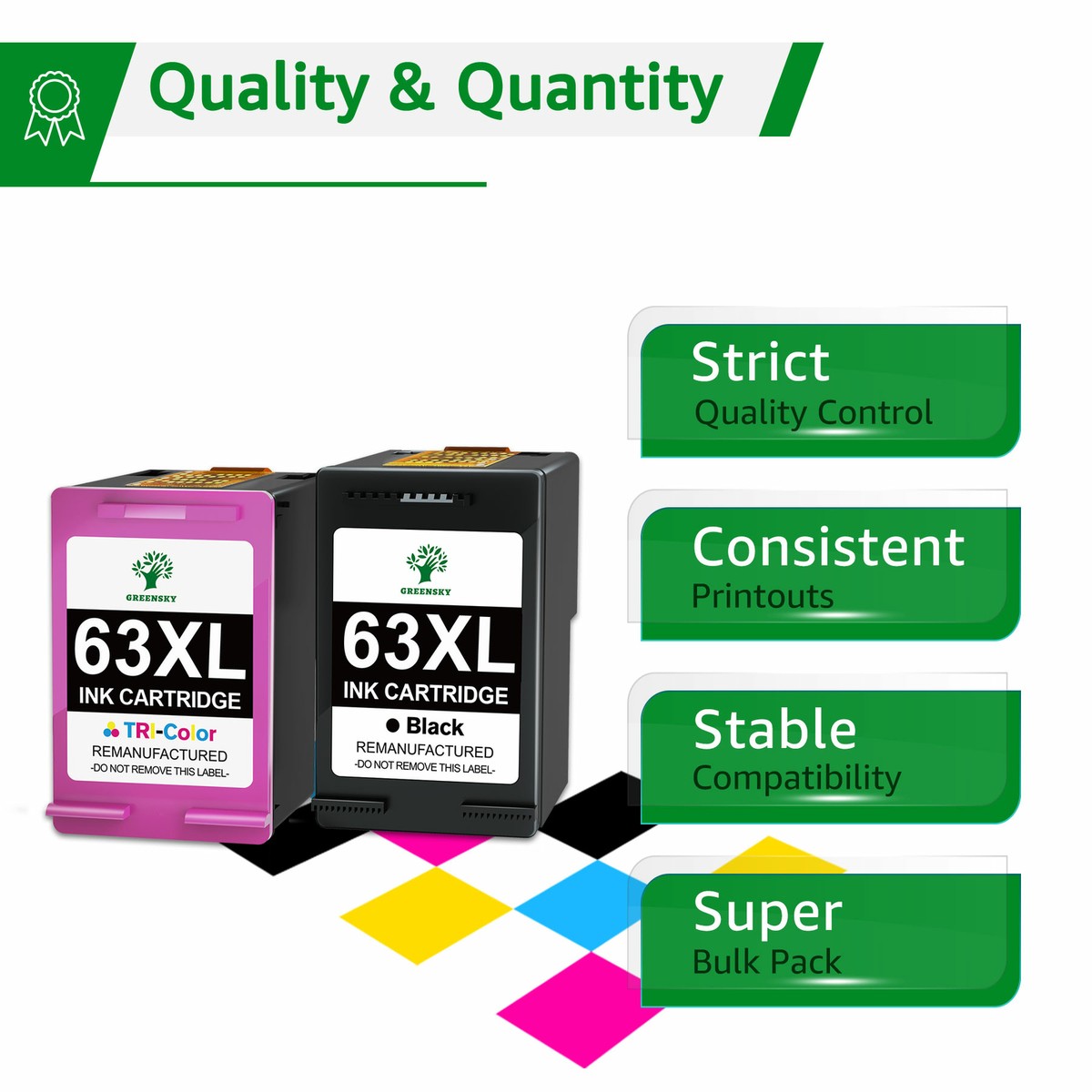 LLAOLLAO Remanufactured 63XL Ink Cartridges 2-Pack For HP Printers - Black & Tri-color