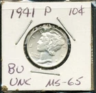 1941 P  Silver Mercury Dime BU MS65 - 009