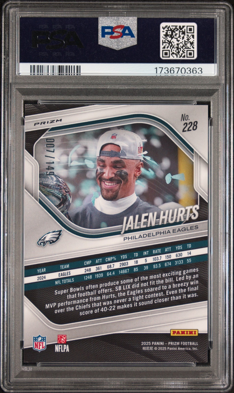 2025 PANINI PRIZM RED WAVE #228 JALEN HURTS 7/149 PSA 10 view 2