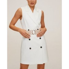 Mango Women's L Double Buttoned Blazer Dress White Mini Sleevless Preppy FLAWS