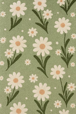 Tappeto floreale margherita trapuntato a mano - sfondo verde con fiori bianch...