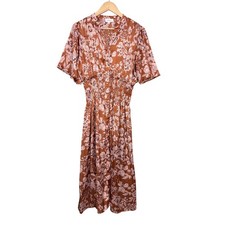 Bohme Floral Smocked Waist Midi Dress Rust Orange Pink Short Flutter Sleeve S