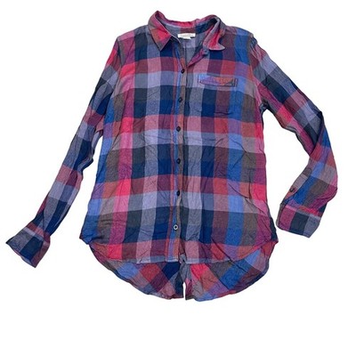 Lucky Brand Flannel Top Women's Size Small Plaid Button Front High Low Hem