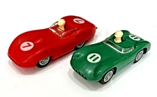 SET OF 2  - Vintage MARX Toys Slot Race Car 1/32 - RED #11 + GREEN Racing, RARE