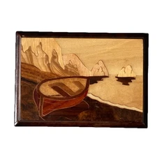 Vintage Sorrento Italy Landscape Sea Lacquered Inlay Wood Trinket Box Jewelry