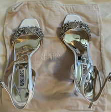 Badgley Mischka White Satin Rhinestone Strappy Stiletto Heels Open Toe Women  s 8