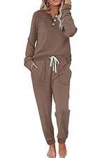 Two Piece Outfits for Women Lounge Sets Button Medium Long Sleeve - 1 Khaki