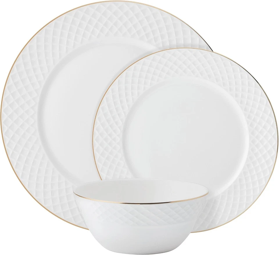 12-Piece Trellis Gold Rimmed Bone China Set - Service for 4, Chip Resistant - Image 4 of 4