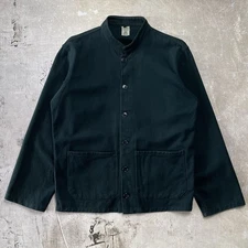 Vintage 1960s Black Moleskin French Chore Coat Jacket Band Collar Made in Italy