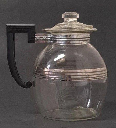 Vintage Pyrex Flameware Art Deco Glass Teapot Coffee Pot 84-66 with Silver Bands