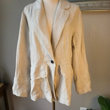 Raquel Allegra Women's Beige Linen Blend Herringbone Blazer Jacket Fringe 3 Lrg