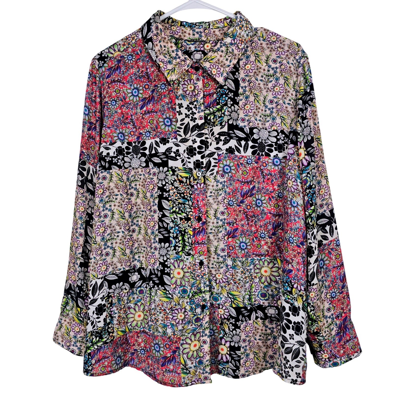 Patchwork Floral Button Down Blouse Multi Color L… - image 1