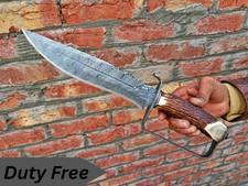 Damascus Steel Bowie Knife Custom Handmade D-Guard Stag Horn Handle Hunting Knif