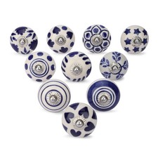 Blue White Ceramic Cabinet Knobs, Set of 10, Hand-Painted Floral Drawer Pul