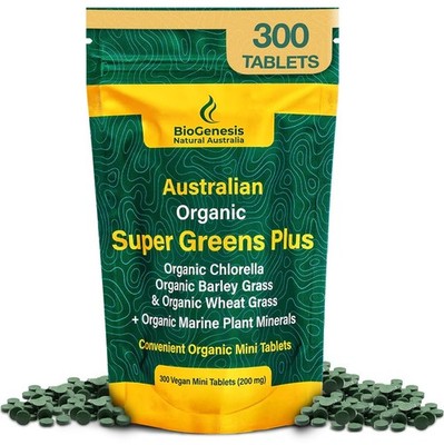 SuperGreens Plus Tablets, 300 Count Organic Chlorella, Wheatgrass, Barley Grass