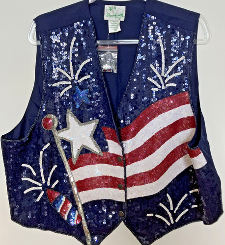 Quacker Factory Sequin Patriotic Vest Womens 1X USA American Flag Americana