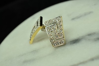 14K Yellow & White Gold Greek Key White Sapphire Post Stud Earrings