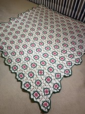 Vintage KING 91”x91” Granny Rose Square Crochet Afghan Blanket Handmade Flower