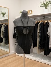 Black Halter Neck Tie Front Snap Closure Bodysuit Women's Size M