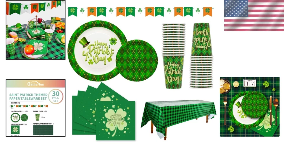 Louça descartável vibrante St Patrick’s Day - Xadrez verde e design trevo - Imagem 2 de 4