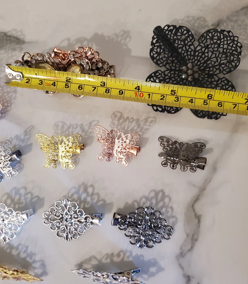 Vintage-Style Rhinestone Filigree Hair Clip Barrettes Lot 18 pc Rose Gold Silver - Image 3 of 4