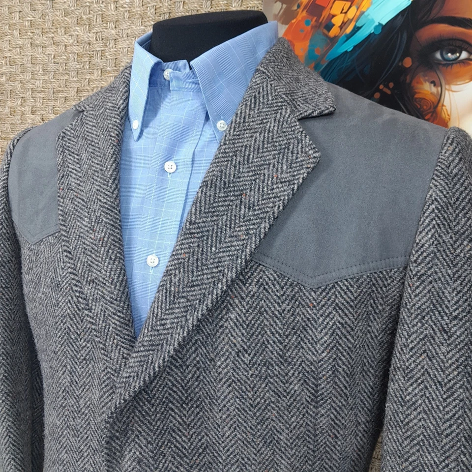 VTG PENDLETON Mens 44S WESTERN Herringbone Tweed Sport Coat SUEDE YOKE & ELBOWS - Image 2 of 4