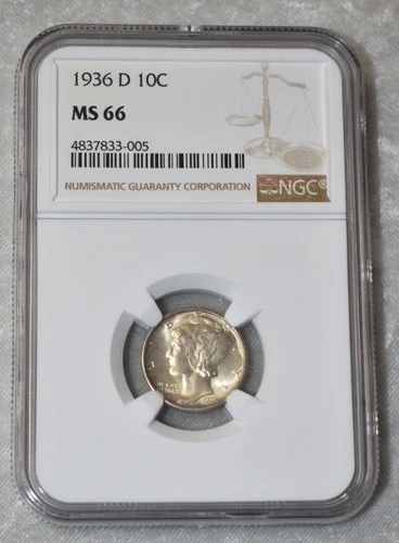 1936 D MERCURY DIME 90% SILVER CERTIFIED NGC MS 66 MS66 DENVER MINT 10¢ USA COIN