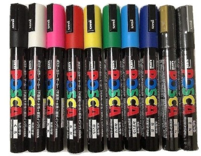 Posca 10 Pack 5M Markers Black Blue Green Red Pink Yellow Gold Silver White