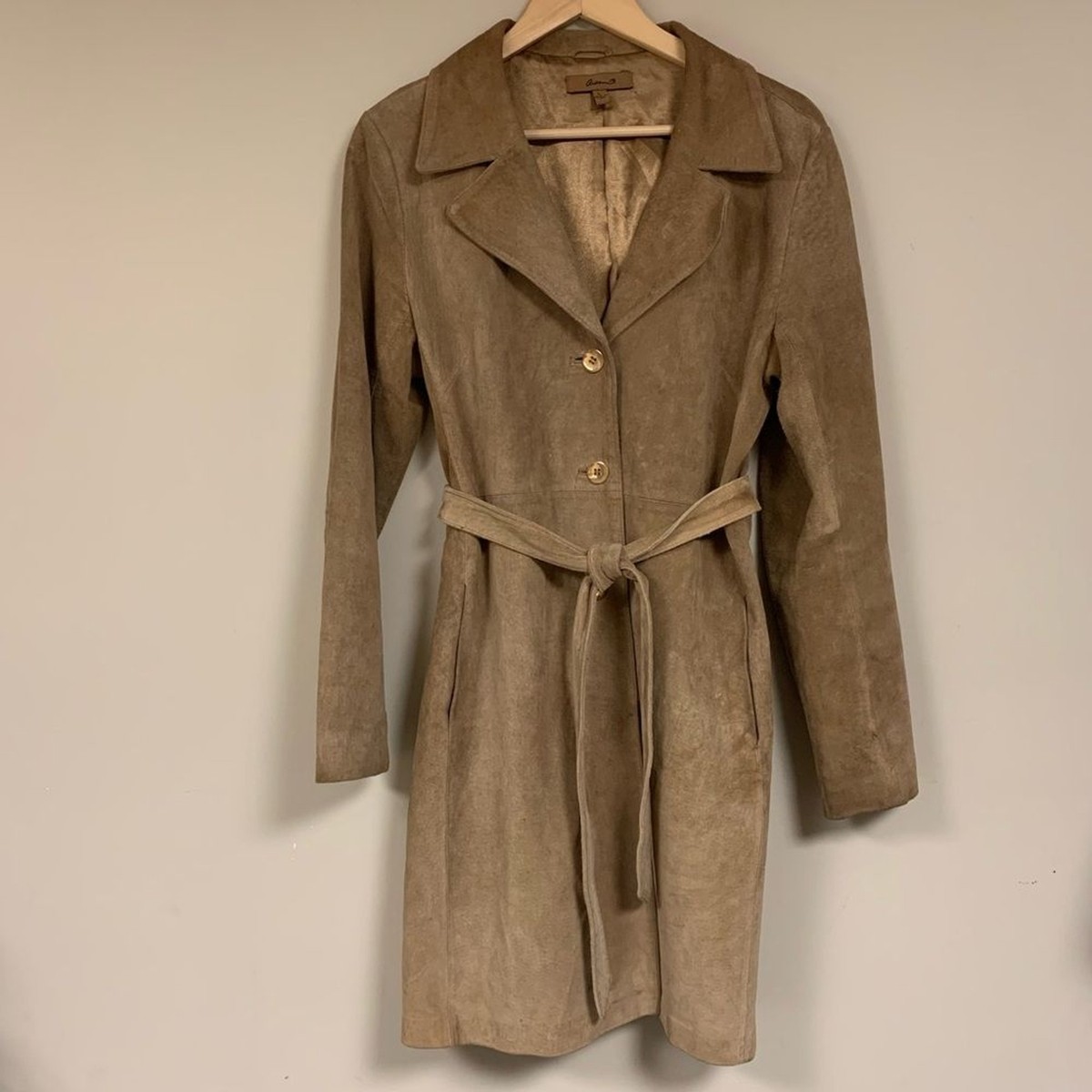 Genuine Suede Leather Trench Coat Jacket Women's Large Tan