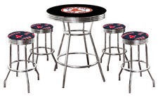 MLB 5PC Set Black Chrome Bar Table Team Logo Decal Fabric Seats Glass Top Option