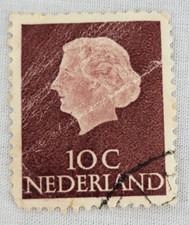 Netherlands Postage ~ Queen Juliana ~ Brown 10₵ Stamp ~ Posted ~1953 ~ B321