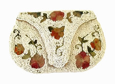 ANTIQUE FLORAL WHITE GLASS SEED BEAD/EMBROIDERED FLORAL BACK HANDLE CLUTCH PURSE